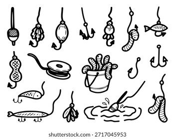 Jogo de equipamento de pesca. Vetor de rabiscar desenhado à mão. Capturando. Isca, isca, verme. Gancho, linha, wobbler, boia. O passatempo do verão. Ilustração de arte de linha. Coleção de elementos.