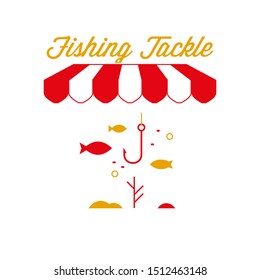 Fishing Tackle Shop Sign, Emblem. Red and White Striped Awning Tent. School of Fish and Fishing Hook Icon. Gold and Red Colors. Flat Vector Illustration.
