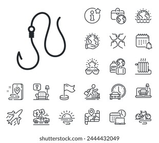 Fishing tackle sign. Plane jet, travel map and baggage claim outline icons. Hook line icon. Catching fish fishhook symbol. Hook line sign. Car rental, taxi transport icon. Place location. Vector