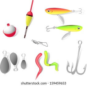 Fishing tackle vector set. Realistic bobber, float, hook, sinker and artificial bait isolated on white