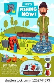 Fishing tackles and fish catch lures. Fisherman with salmon or trout in net, vector cartoon camping tent and fishery equipment rods, boat on lake and bowler with haversack