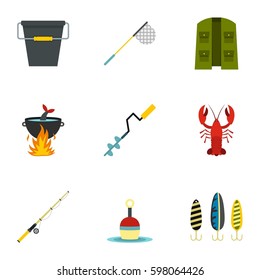 Fishing tackles icons set. Flat illustration of 9 fishing tackles vector icons for web