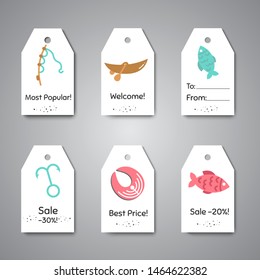 Fishing tags. Price labels Salmon steak and boat, fisher tackles, baits To do list and notes Vector illustration. Sale, cards and pdoduct label and badge set