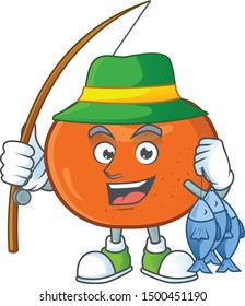 Fishing tangerine cartoon mascot on white background
