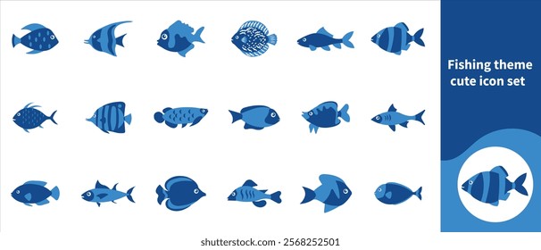 Fishing theme cute icon set, hand drawn, colorful, aquatic, illustration, underwater, animal, fish, ocean, tropical, water, fishing, t shirt design vector, nature, cartoon, set, reef and more.