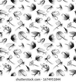 Fishing theme seamless pattern. Fly fishing flies lures - vintage vector sketch style illustration isolated on white background