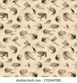 Fishing theme seamless pattern. Fly fishing flies lures - vintage vector sketch style illustration on textured background