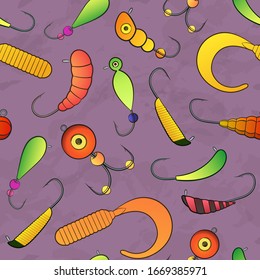Fishing theme seamless pattern. Ice fishing lures and gears vector illustration.