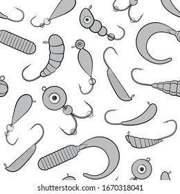Fishing theme seamless pattern. Ice fishing lures and gears outline vector illustration.