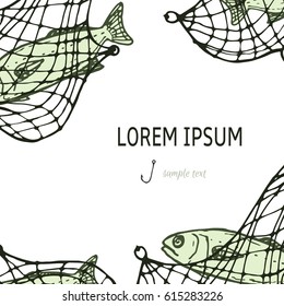 fishing theme template for invitation, menu, card with fishnet, fish, hook element and place for text