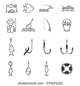 Fishing Thin Line Black Icons Set for Web, App Equipment Hobby or Sport. Vector illustration