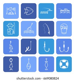 Fishing Thin Line Black Icons Set Color in in the Square for Web, App Equipment Hobby or Sport. Vector illustration