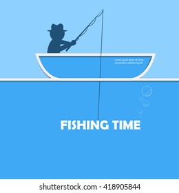 Fishing time creative poster with beautiful paper cut and shadow effect vector illustration