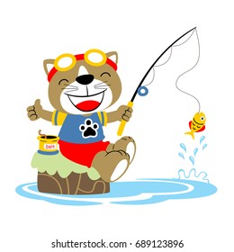 fishing time with funny cat, vector cartoon illustration