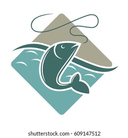 Fishing time logo template. Fish catch on rod hook vector icon for fishery industry or fisherman club and fisher sport adventure or seafood market or store