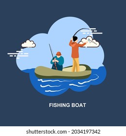 Fishing Time With Two Guys Fishing Sitiing On Boat Flat Concept Design