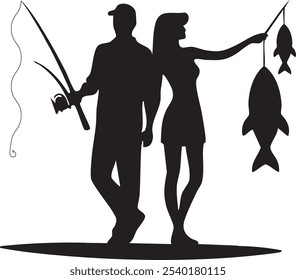 Fishing Together Silhouette, Couple Enjoying a Day Outdoors for t-shirt