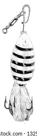 A fishing tool having more than one pin, covered with feather and a light floating material, vintage engraved line art illustration. Bicycle Accessories - 1900