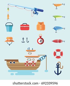 Fishing Tools And Boat In Flat Victor Style