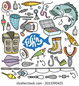 Fishing tools and equipments, colorful graphics elements and illustrations. Vector art such as fishing vest, boots, rod, lure, bait and other fishing related objects are included in this doodle set.