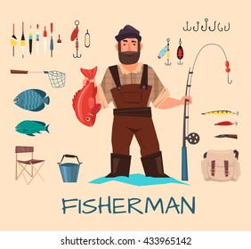 Fishing tools illustration. Fishing hook vector set. Fishing symbols, vector icons. Fisherman with fishing rod vector illustration. Items fishing hook, tackle, bait, reel, anchor, bucket. 