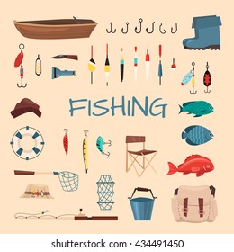 Fishing tools illustration. Fishing hook vector set. Fishing symbols, vector icons: life ring, chair, hat, bag, boat, knife, net, boots. Items fishing hook, tackle, bait, reel, anchor, bucket. 