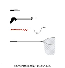 Fishing tools isolated on white background poster, vector illustration of special equipment for fish catching, knife speargun and drill with hoop-net