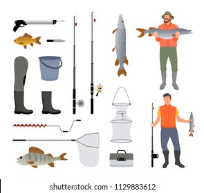 Fishing tools isolated on white background banner, vector illustration of boots nets fishes and men with catching water habitants, harpoon and knife