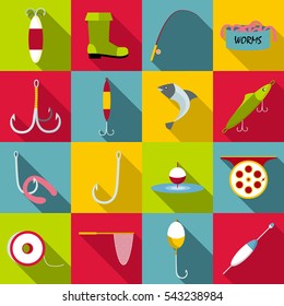 Fishing tools items set. Flat illustration of 16 fishing tools items vector icons for web