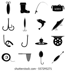 Fishing tools items set. Simple illustration of 16 fishing tools items vector icons for web