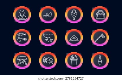 Fishing tools outdoor camping set icon. Line symbols with fisherman portrait, angler boat, hanging scale weight, tackle bag box, lure bait collection, fish hook catch, camping tent, landing net