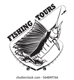 Fishing tour emblem of marlin. Fish logo isolated on white vector illustration.  Can be use for sport team design.