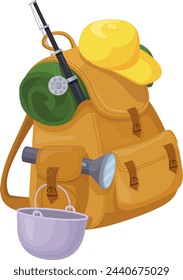 Fishing tourist backpack. Cartoon hiking equipment bag isolated on white background