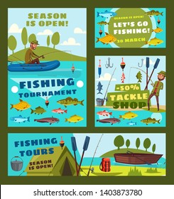 Fishing tournament, big fish catch season and fisher tackles and baits shop discount posters. Vector fisher man with rod in boat catching carp, pike or sheatfish and salmon in sea or river