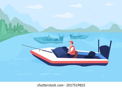 Fishing tournament in boats flat color vector illustration. Competing for winning cash prize. Young, inexperienced angler 2D cartoon character with lake landscape and powerboats on background