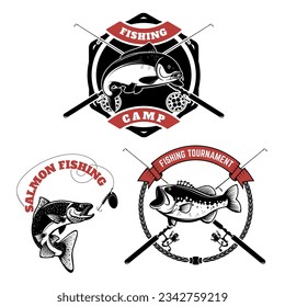 fishing tournament labels. Carp fishing, salmon fishing, perch fishing. Design elements for logo, label, emblem, sign, brand mark. Vector illustration.