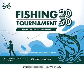 Cartaz de Torneio de Pesca com Silhueta Angler e Ilustração de Truta Saltando