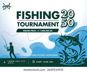 Cartaz de Torneio de Pesca com Silhueta Angler e Ilustração de Truta Saltando
