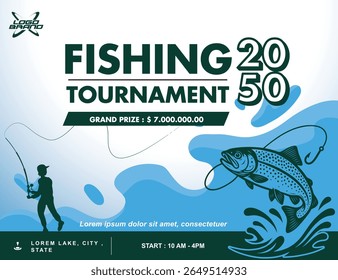 Cartaz de Torneio de Pesca com Silhueta Angler e Ilustração de Truta Saltando