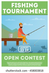 Fishing tournament poster or flyer with summer outdoor landscape and lake and fish, vector illustration. Man fishing.  Layout template in A4 size. 