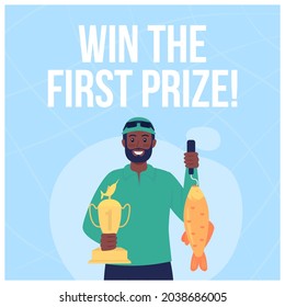 Fishing tournament social media post mockup. Win the first prize phrase. Web banner design template. Contest booster, content layout with inscription. Poster, print ads and flat illustration