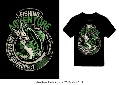 Diseño de camiseta de torneo de pesca. Este diseño presenta un gran bajo de boca que salta del agua, rodeado de Elementos relacionados con la pesca.