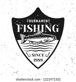 Fishing tournament vector badge shield with salmon isolated on white background with removable grunge texture