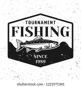 Fishing tournament vector badge shield salmon isolated on white background with removable grunge texture