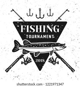 Fishing tournament vector badge shield with pike and two crossed fishing rods isolated on white background with removable grunge texture