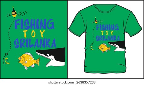 Fishing toy typography design for kids t-shirt. Colorful fishing graphics with fish and hook on green background.
