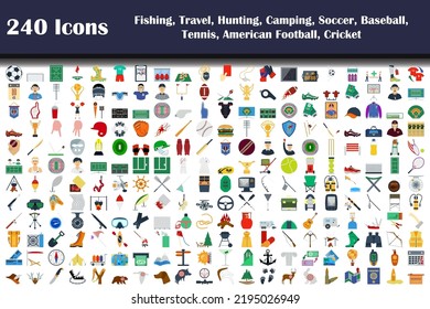 Fishing, Travel, Hunting, Camping, Soccer, Baseball, Tennis, Footbal, Cricket Icon Set. Flat Design. Fully editable vector illustration. Text expanded.