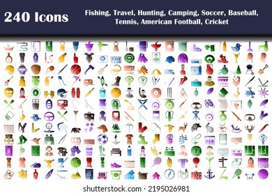 Fishing, Travel, Hunting, Camping, Soccer, Baseball, Tennis, Footbal, Cricket Icon Set. Flat Color Ladder Design. Vector Illustration.