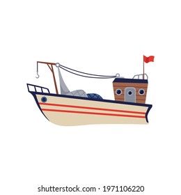 Fishing trawler or boat with net hoist, flat vector illustration isolated on white background. Transport or watercraft for industry of fish catching and processing.