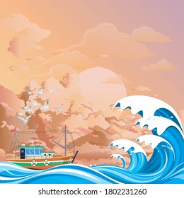 Fishing trawler boat out in rough sea with seagulls overhead set against a dawn or dusk pink sky